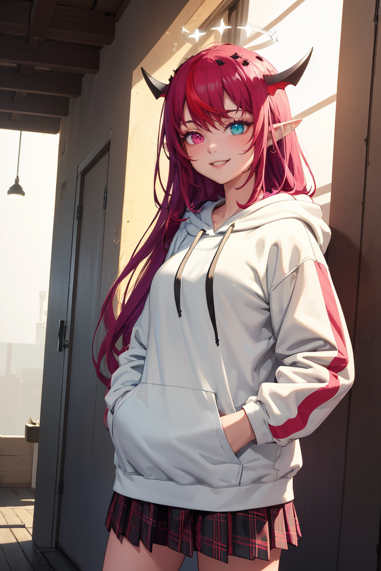 18839-3480514723-masterpiece, best quality, absurdres, IrysHolo, heterochromia, long hair, double halo, indoors, plaid skirt, hoodie, smile, hand.png